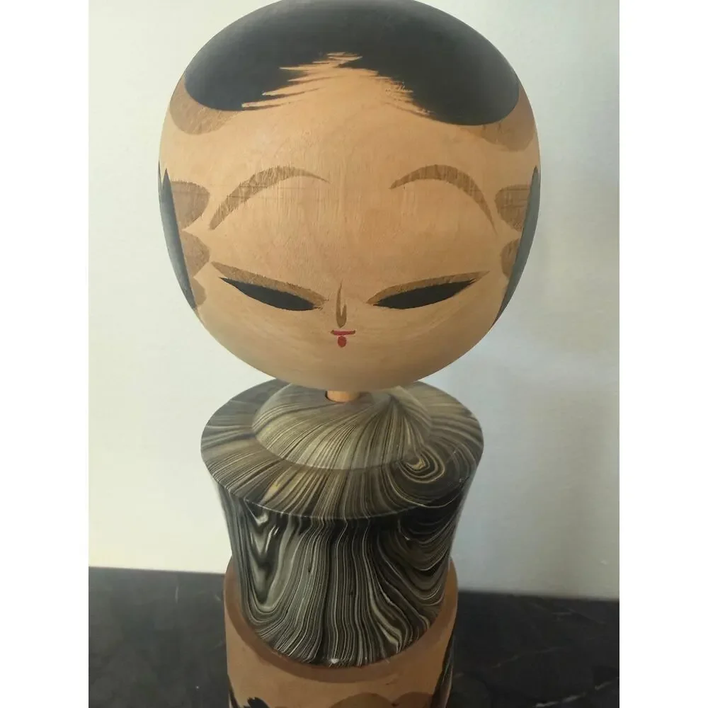 Vintage Japanese Kokeshi Doll Hand Painted Marbled Wood 13.5” Decor